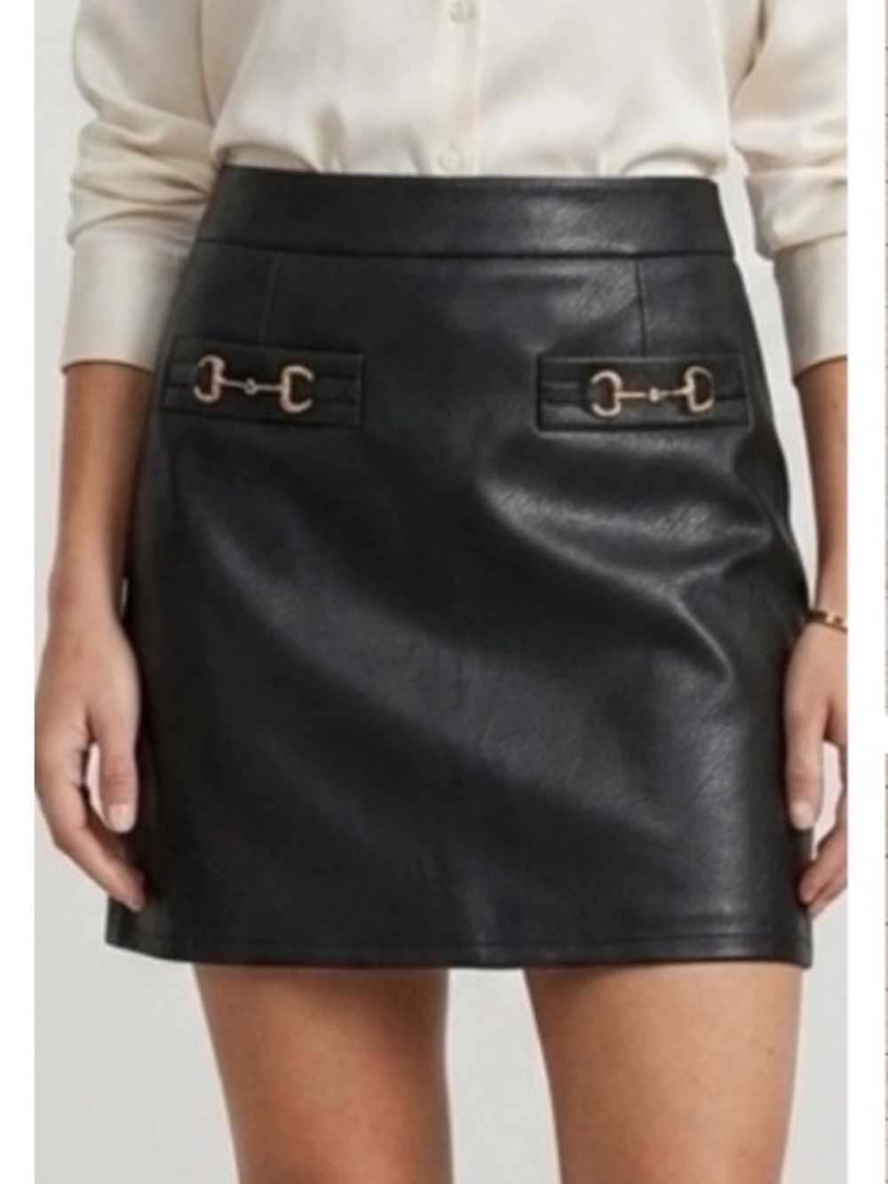 7 for all mankind Horsebit skirt gold buckle faux leather mini skirt.